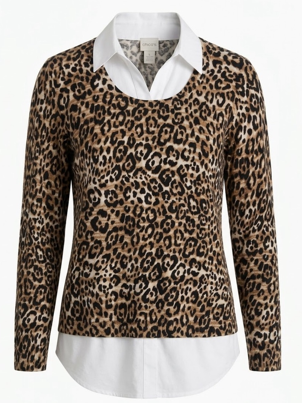 Chico's Leopard Print Layered Sweater with White Collar Medium